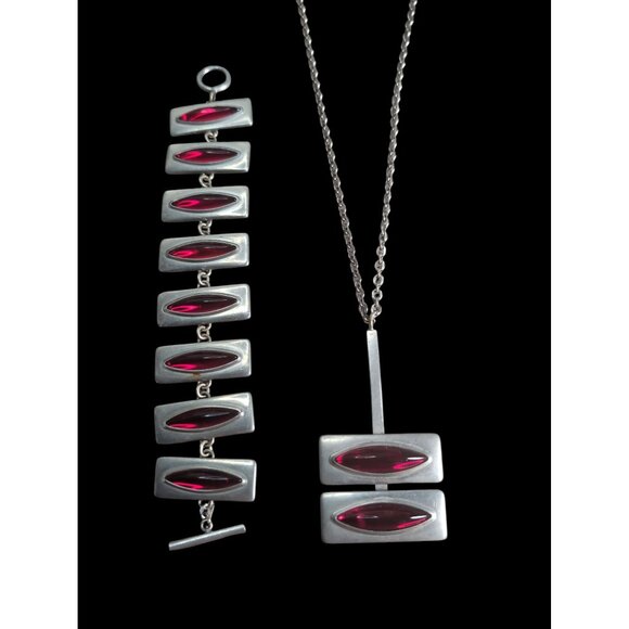 Vintage Jørgen Jensen Denmark Pewter Necklace & Bracelet Set 230B Red Glass Cabo - Picture 1 of 7